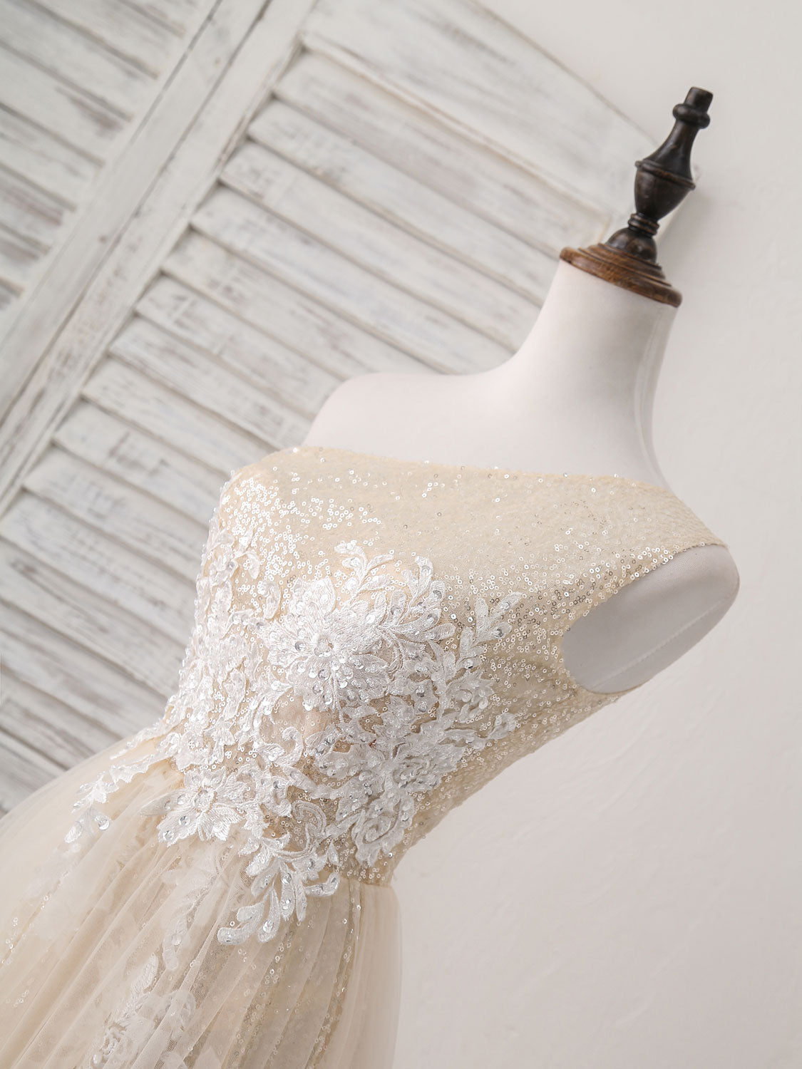 A-Line Champagne Tulle Sequin Long Prom Dress, Champagne Evening Dress