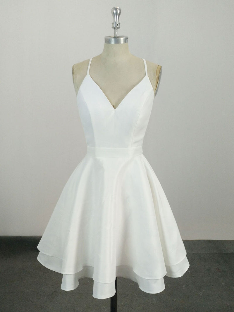 White V Neck Satin Lace Short Prom Dress, White Homecoming Dress