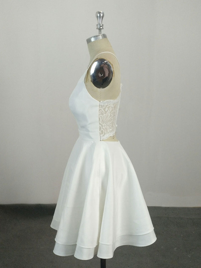 White V Neck Satin Lace Short Prom Dress, White Homecoming Dress
