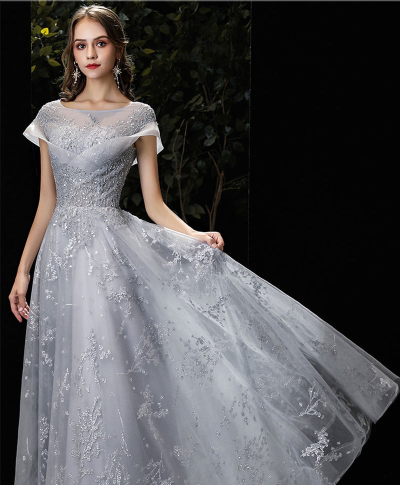 Gray Round Neck Tulle Lace Long Prom Dress Gray Tulle Formal Dress shopluu Gray Round Neck Tulle Lace Long Prom Dress Gray Tulle Formal Dress shopluu