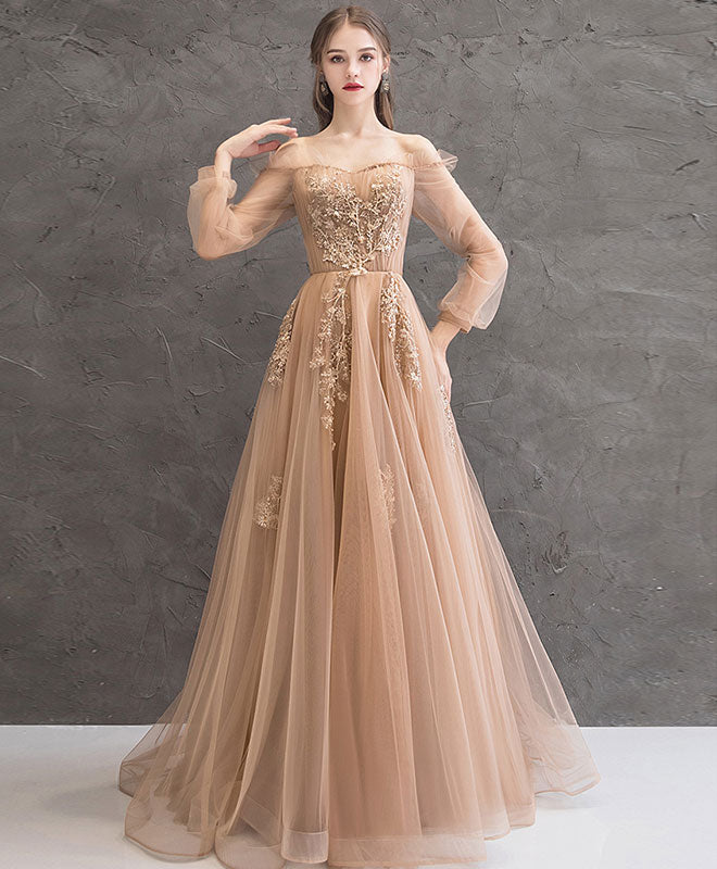 Champagne Tulle Lace Long Prom Dress Champagne Tulle Evening Dress Custom Size / Champagne Champagne Tulle Lace Long Prom Dress Champagne Tulle Evening Dress Custom Size / Champagne