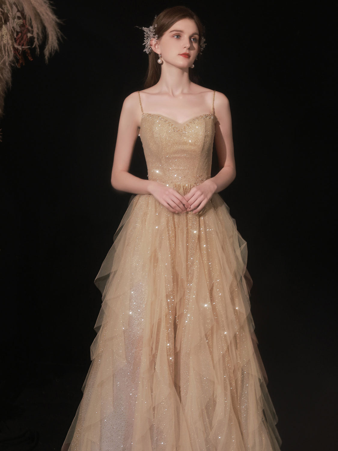 Champagne Tulle Sequin Long Prom Dress, Champagne Tulle Formal Dress