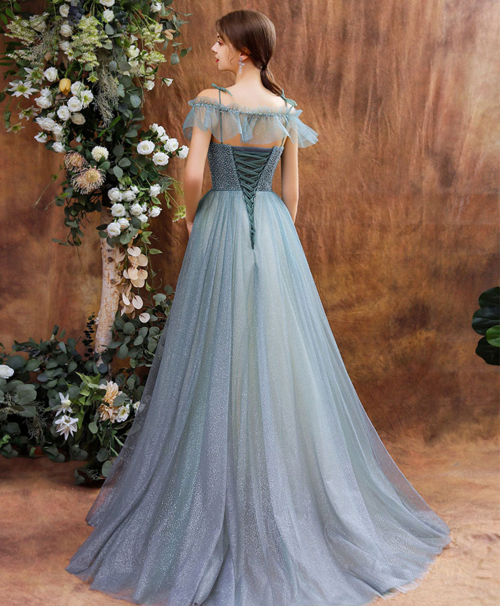 A-Line Tulle Beads Long Green Prom Dress, Tulle Formal Dress