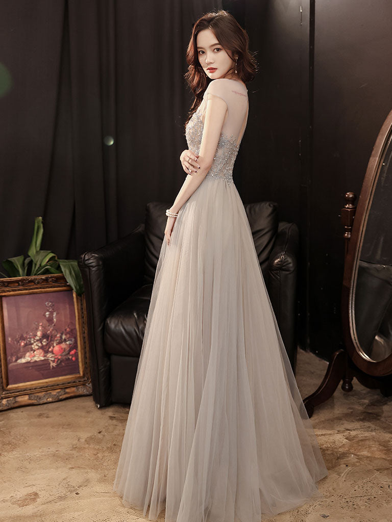 Gray Round Neck Tulle Beads Long Prom Dress, Gray Evening Dress