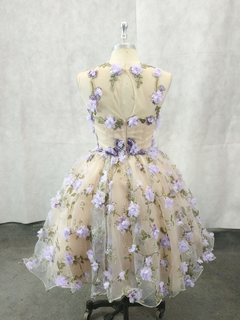 Cute Round Neck Tulle 3D Applique Short Prom Dress, Homecoming Dress shopluu Cute Round Neck Tulle 3D Applique Short Prom Dress, Homecoming Dress shopluu