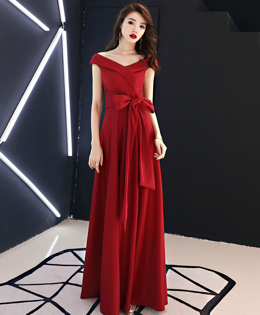 Red V Neck Long Prom Dress, Red Formal Party Dress