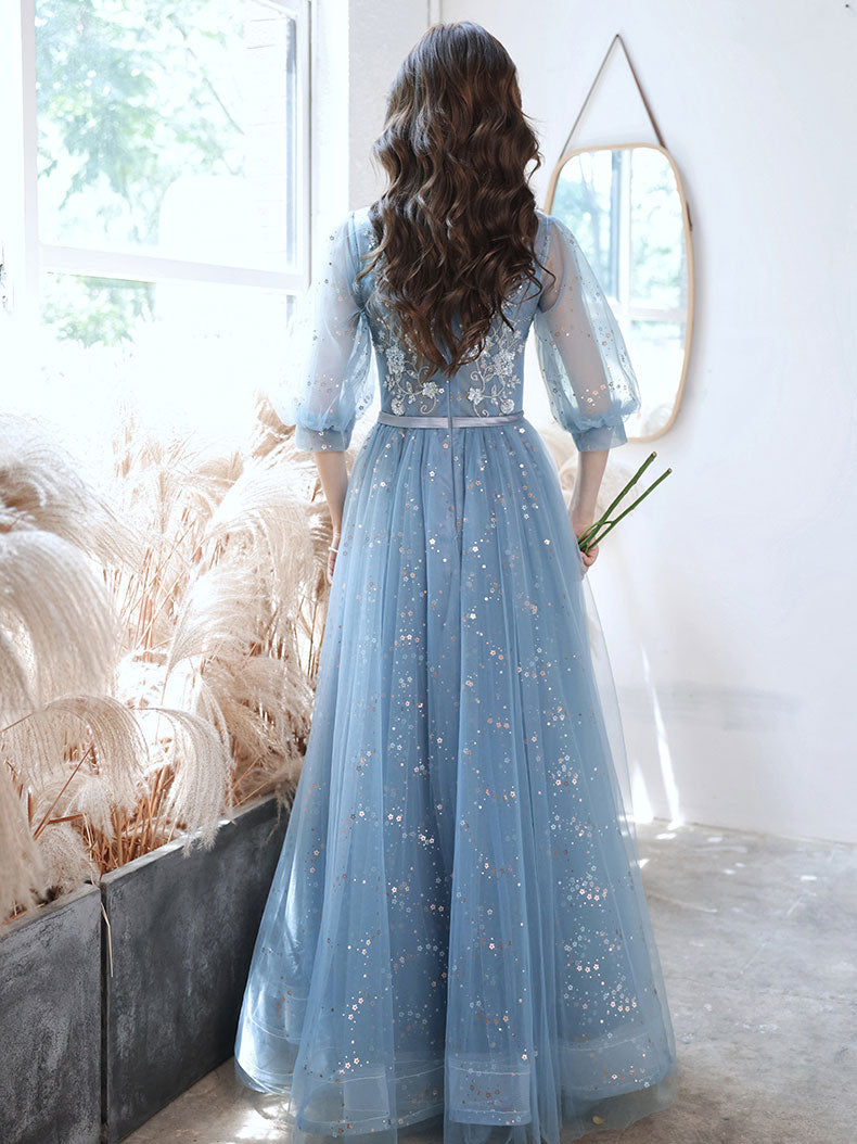 Blue Tulle Lace Sequin Long Prom Dress, A-line Blue Evening Dress