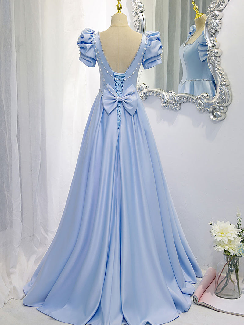 Blue Satin Backless Long Prom Dress, Blue Evening Dress shopluu Blue Satin Backless Long Prom Dress, Blue Evening Dress shopluu