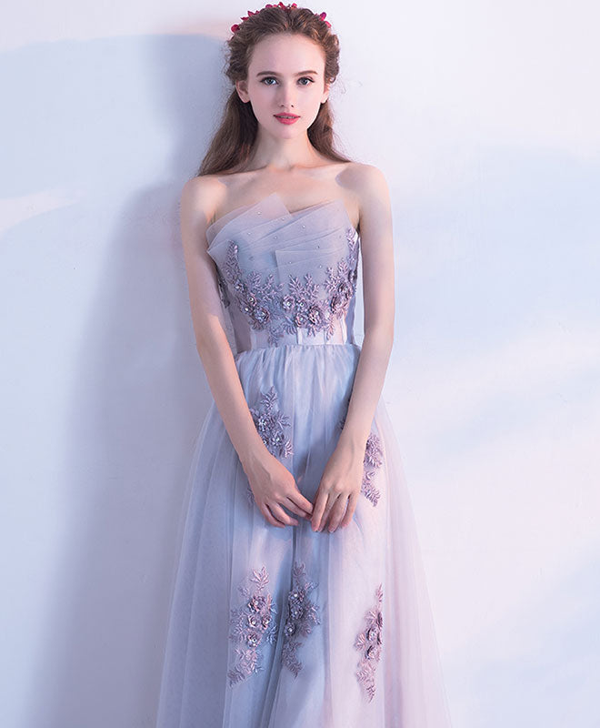 Gray Tulle Lace Long Prom Dress, Gray Tulle Evening Dress