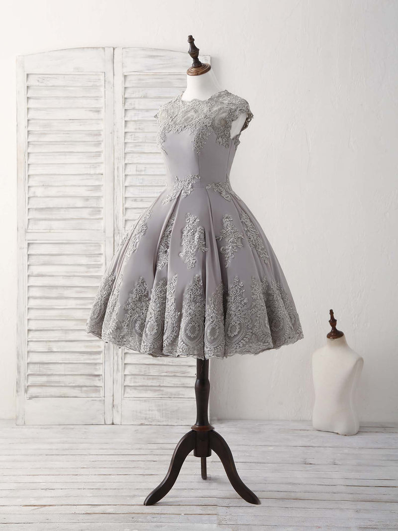 Gray Round Neck Lace Short Prom Dress Gray Bridesmaid Dress – shopluu