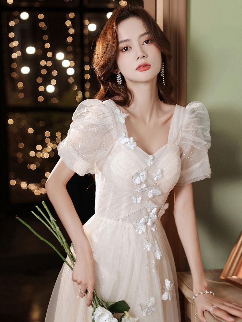 Light Champagne Tulle Lace Long Prom Dress, Champagne Evening Dress