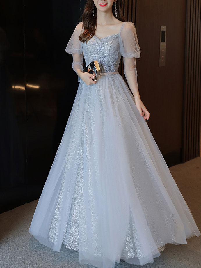 Simple Light Blue Tulle Lace Long Prom Dress, Lace Long Bridesmaid Dress
