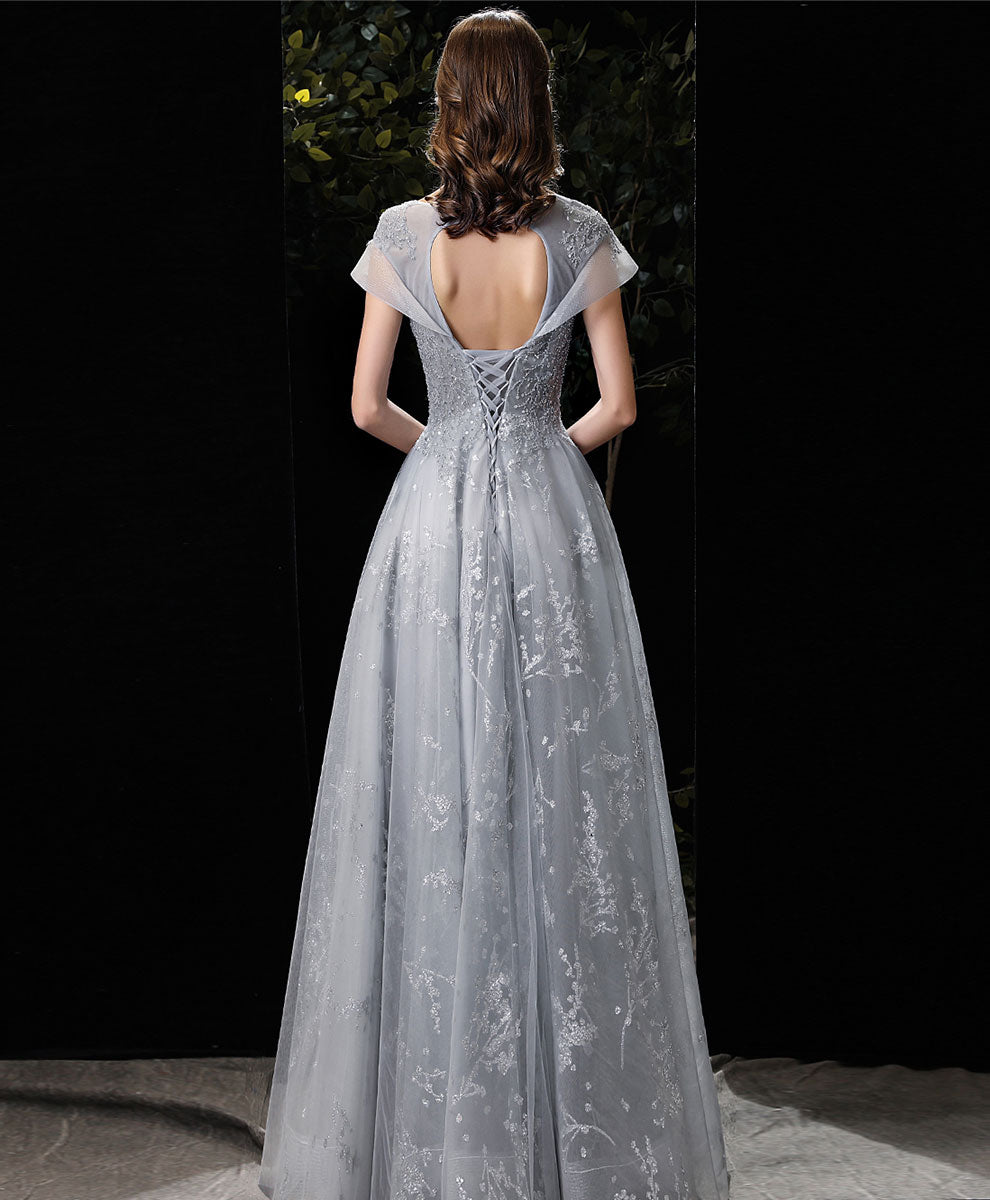 Gray Round Neck Tulle Lace Long Prom Dress Gray Tulle Formal Dress