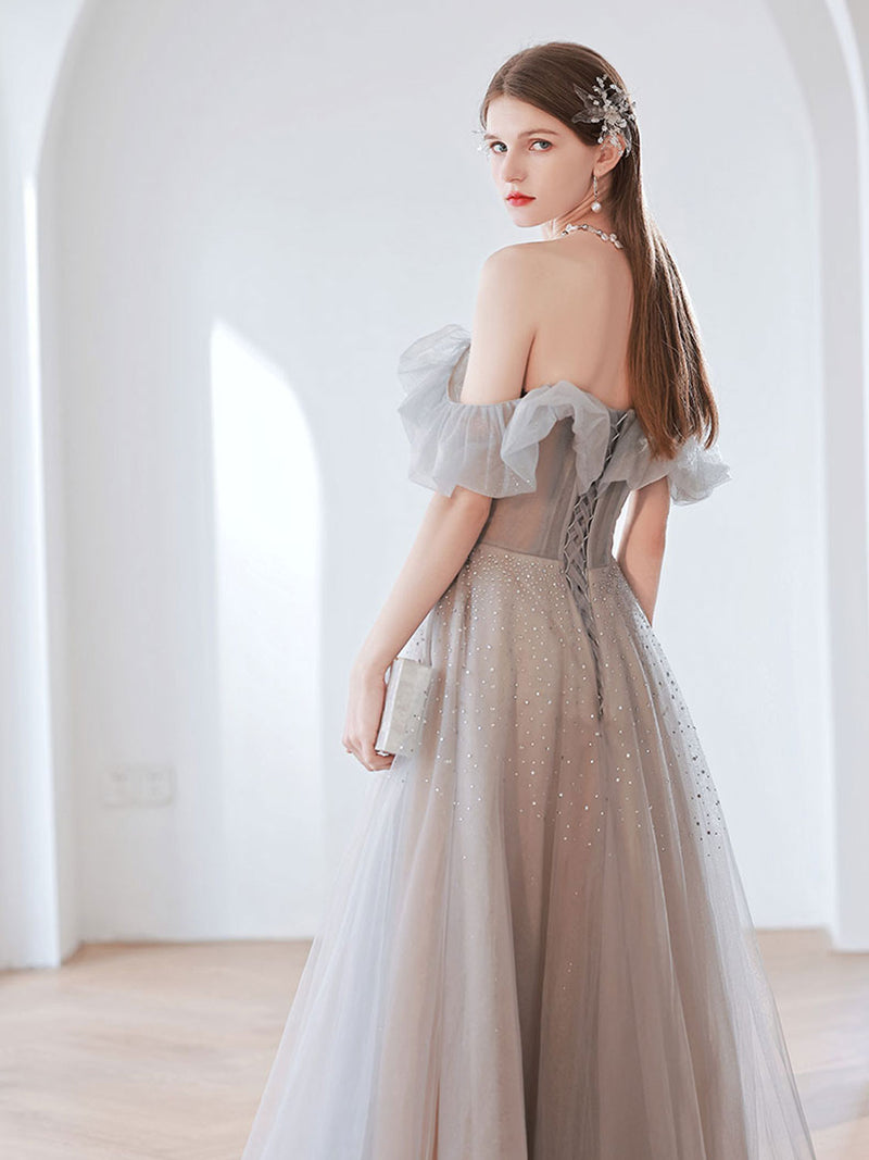 Elegant Gray Tulle Sequin Long Prom Dress, Gray Tulle Evening Dresses US 14 / Gray Elegant Gray Tulle Sequin Long Prom Dress, Gray Tulle Evening Dresses US 14 / Gray