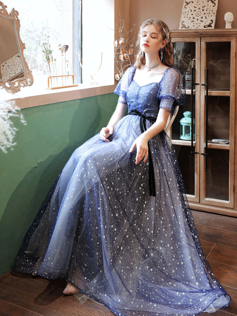 A-line Tulle Starry Blue Long Prom Dress, Blue Formal Graduation Dresses Custom Size / Blue(As Picture) A-line Tulle Starry Blue Long Prom Dress, Blue Formal Graduation Dresses Custom Size / Blue(As Picture)