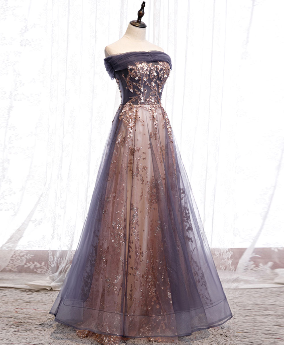 A-Line Tulle Off Shoulder Lace Long Prom Dress Lace Formal Dress