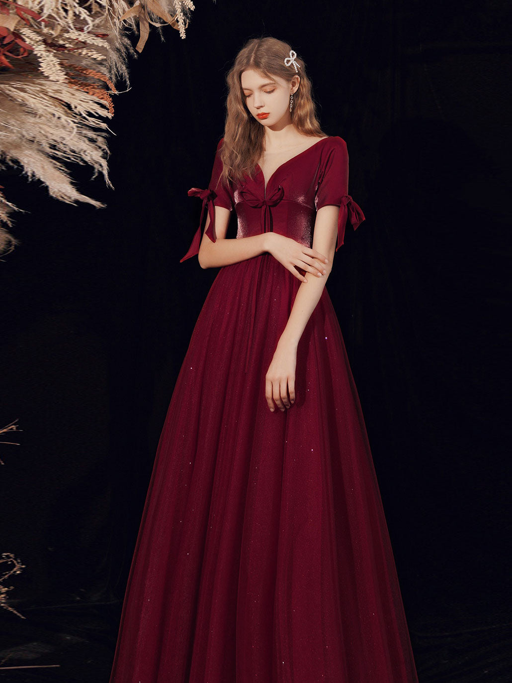 Burgundy A-line V Neck Tulle Long Prom Dress Burgundy Evening Dress