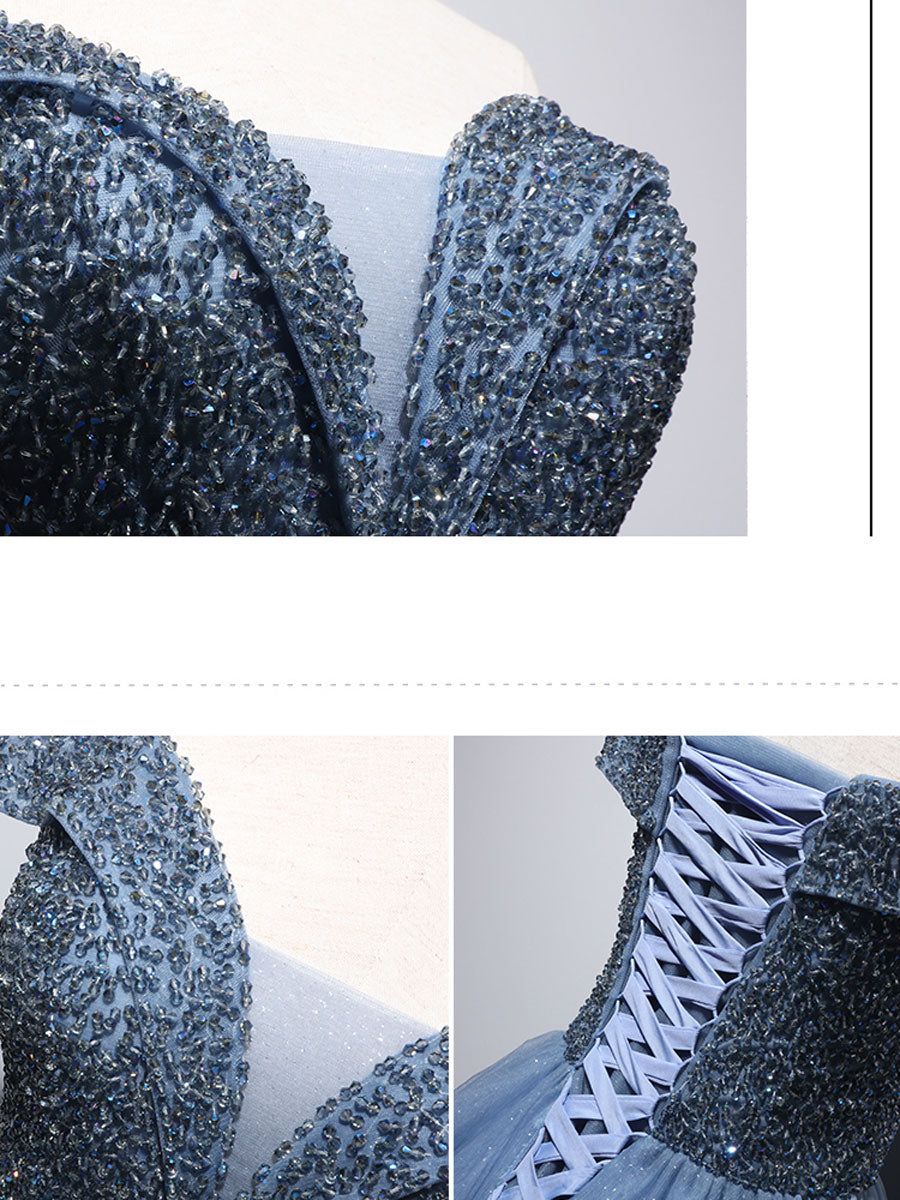 Blue Sweetheart Neck Beads Long Prom Dress, Blue Tulle Formal Dress With Beading Sequin