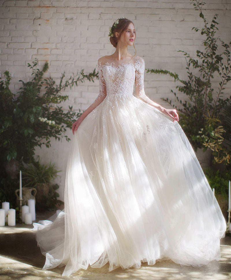 Light Champagne Tulle Lace Long Wedding Dress Lace Wedding Gown – shopluu