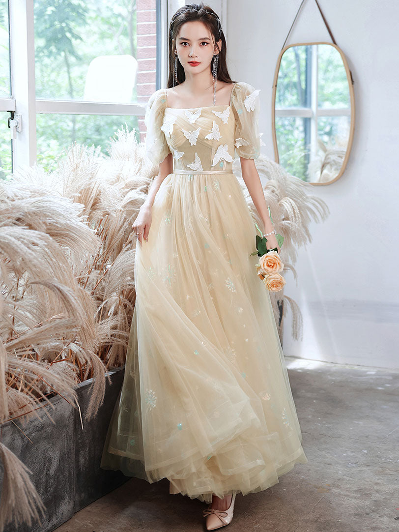 Champagne Tulle Lace Long Prom Dress, Champagne Tulle Formal Dress