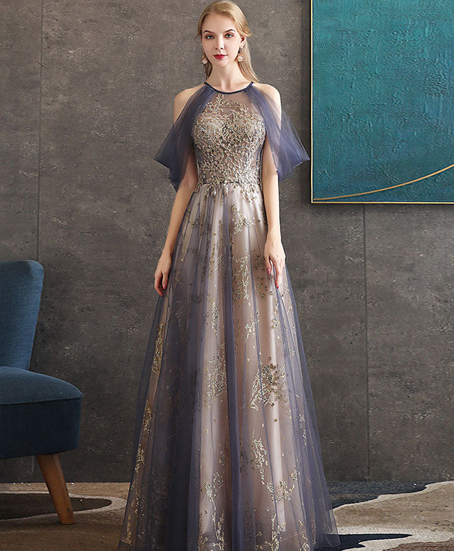 Gray Blue High Neck Tulle Lace Long Prom Dress Gray Tulle Formal Dress