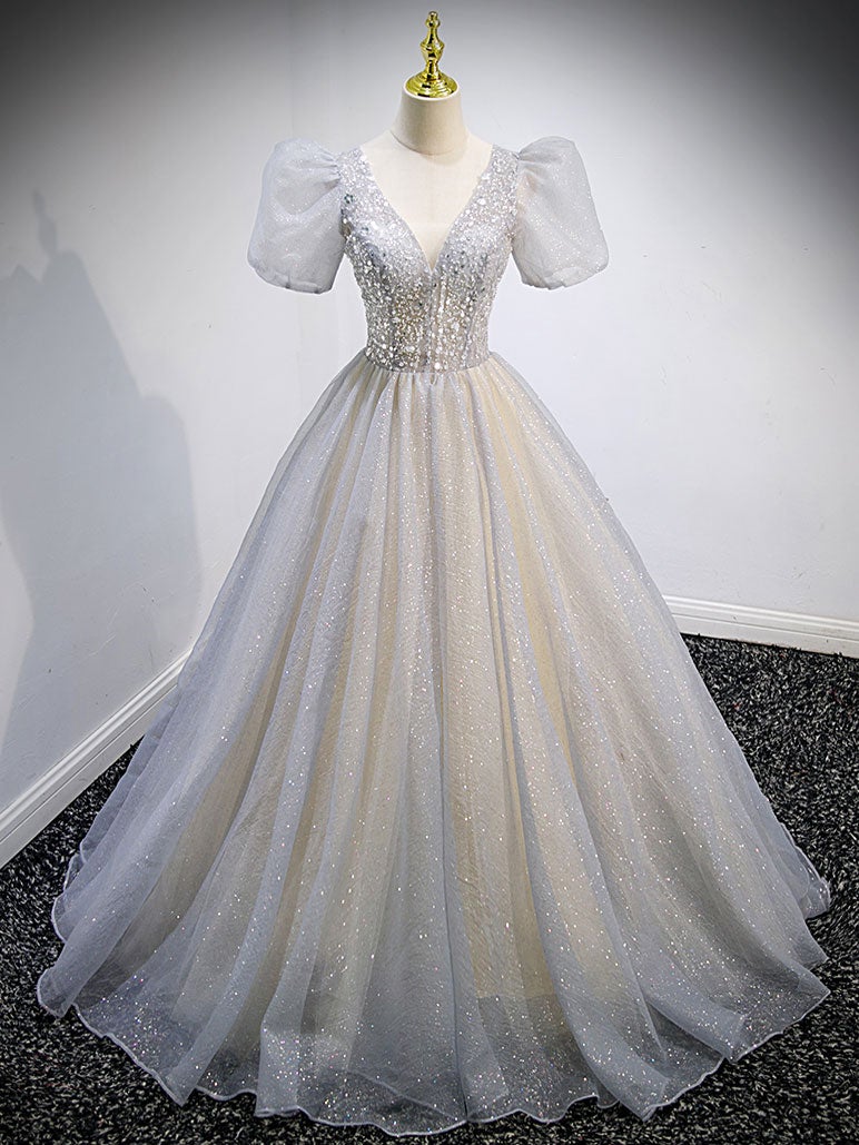 sequin graduation dress A Line Gray Long Prom Dress, Gray Tulle Sequin Graduation Dresses