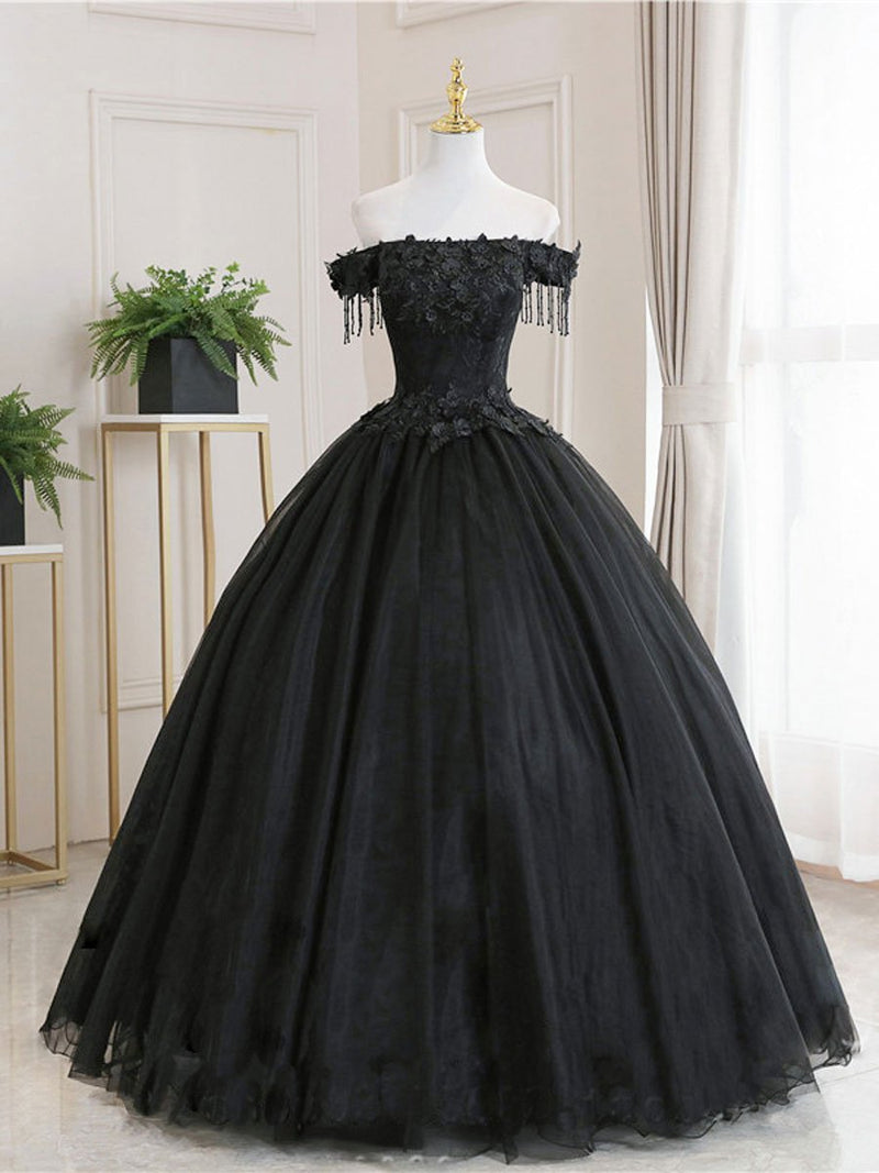 Black Tulle Off Shoulder Lace Long Prom Dress, Black Evening Dress US 10 / Custom Color Black Tulle Off Shoulder Lace Long Prom Dress, Black Evening Dress US 10 / Custom Color