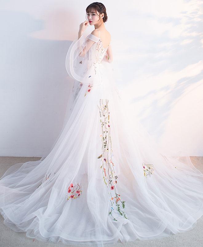 White Tulle Applique Long Prom Dress, White Evening Dress