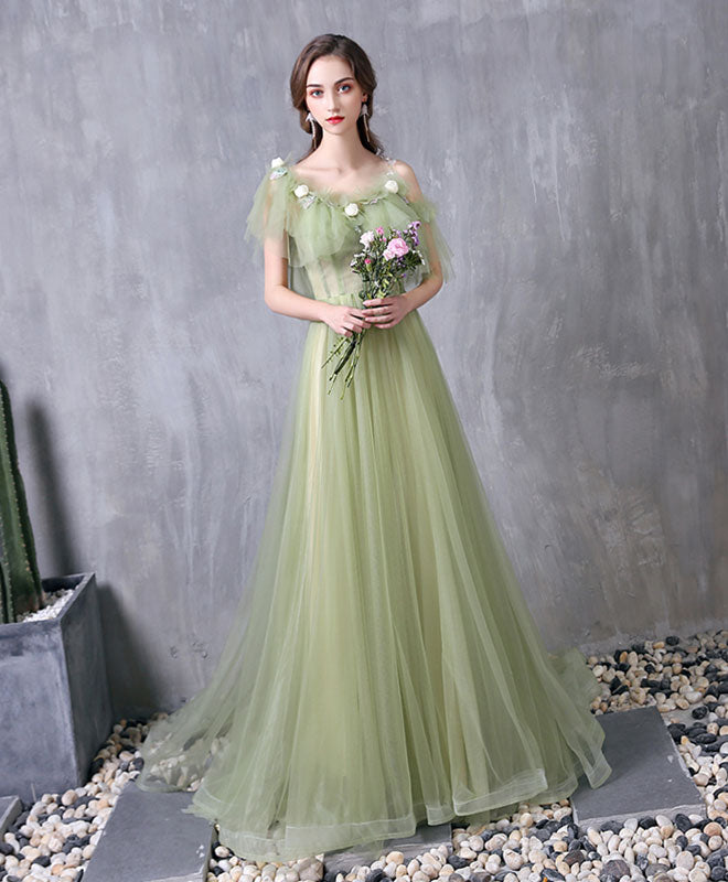 Green Tulle Lace Long Prom Dress Green Evening Dress
