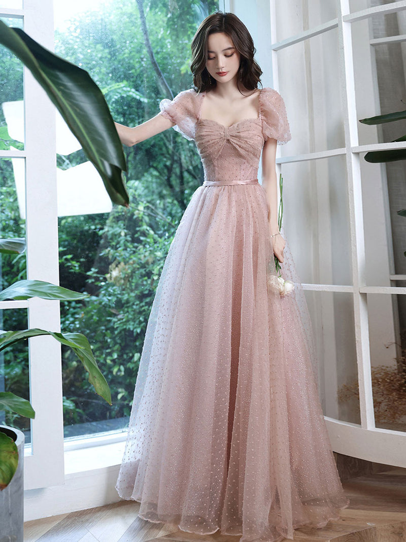 Pink A line Tulle Long Prom Pink Lace Bridesmaid Dress