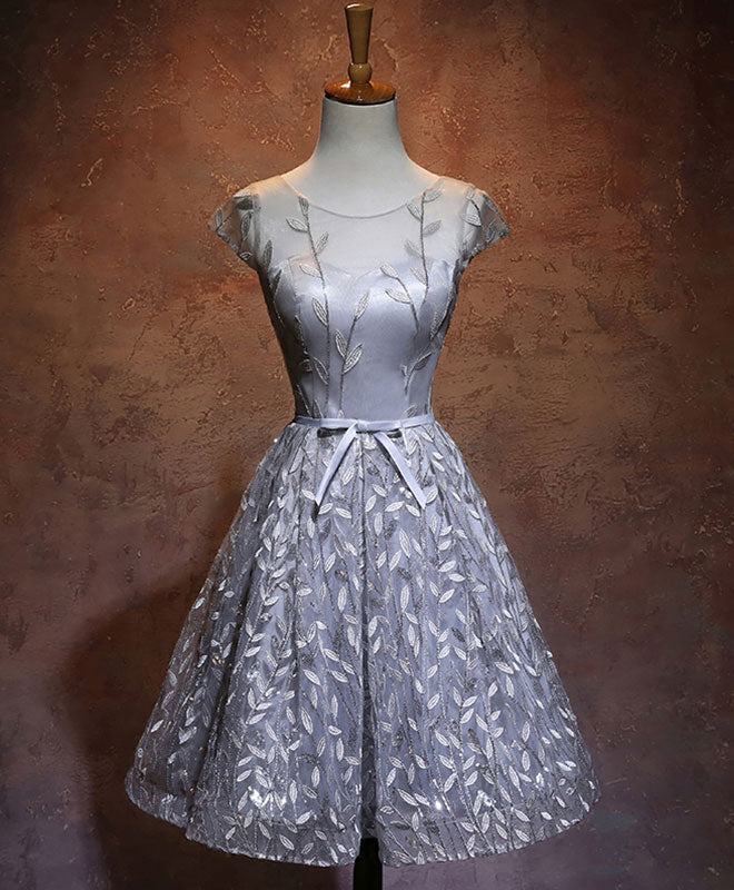 Gray Round Neck Lace Short Prom Dress,Cute Homecoming Dress US 2 / Gray Gray Round Neck Lace Short Prom Dress,Cute Homecoming Dress US 2 / Gray
