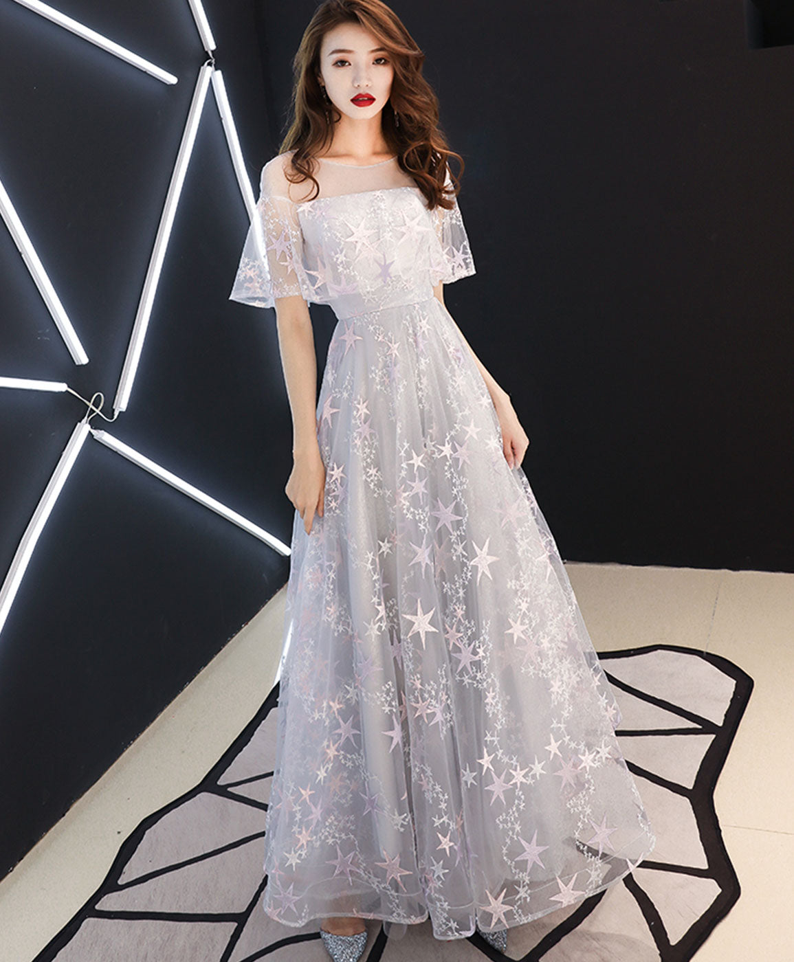 Gray Tulle Lace Long Prom Dress Gray Tulle Formal Dress