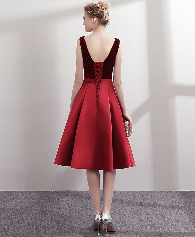 Simple V Neck Burgundy Satin Short Prom Dress, Burgundy Homecoming Dress