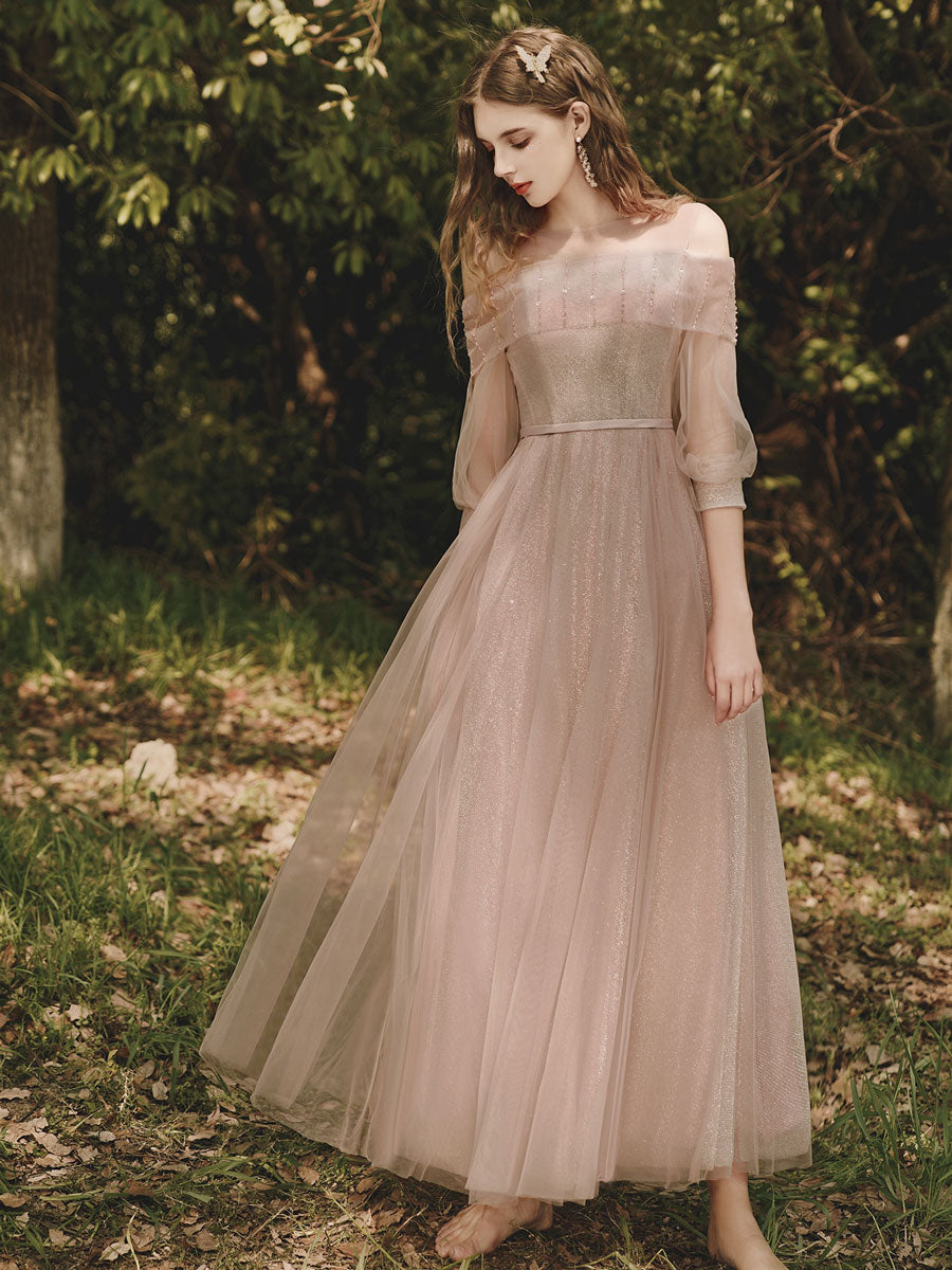 Pink Tulle Tea Length Prom Dress, Pink Tulle Formal Dress