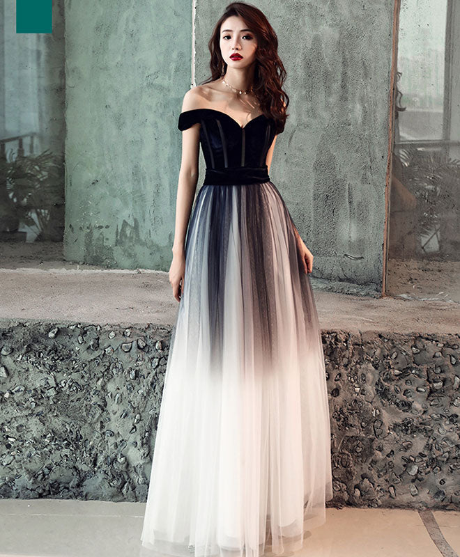 Simple Tulle Off Shoulder Black Long Prom Dress, Black Tulle