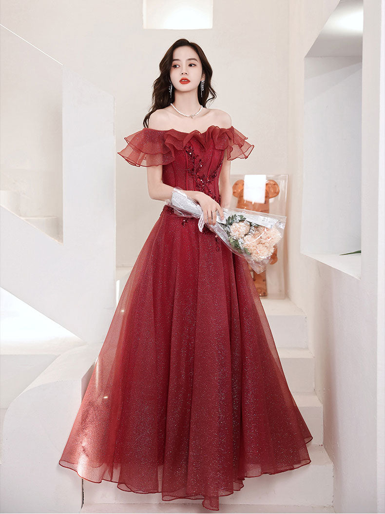 Burgundy Tulle Off Shoulder Long Prom Dress, Burgundy Evening Dress