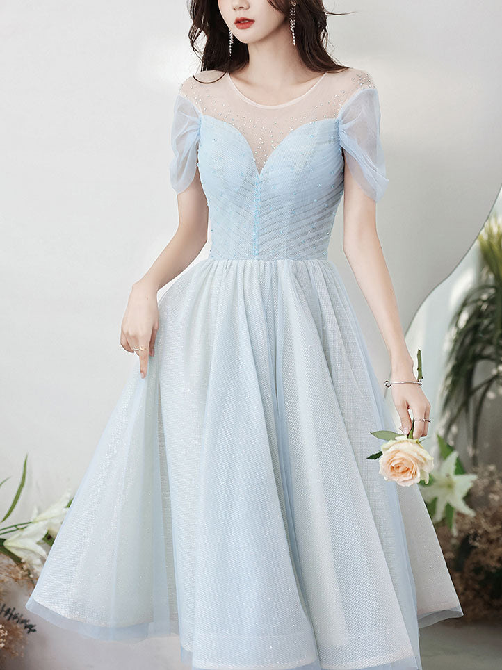 Blue Round Neck Tulle Short Prom Dress, Blue Homecoming Dress