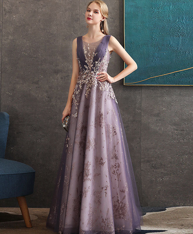 Purple Round Neck Tulle Lace Long Prom Dress Purple Evening Dress US 8 / Purple Purple Round Neck Tulle Lace Long Prom Dress Purple Evening Dress US 8 / Purple