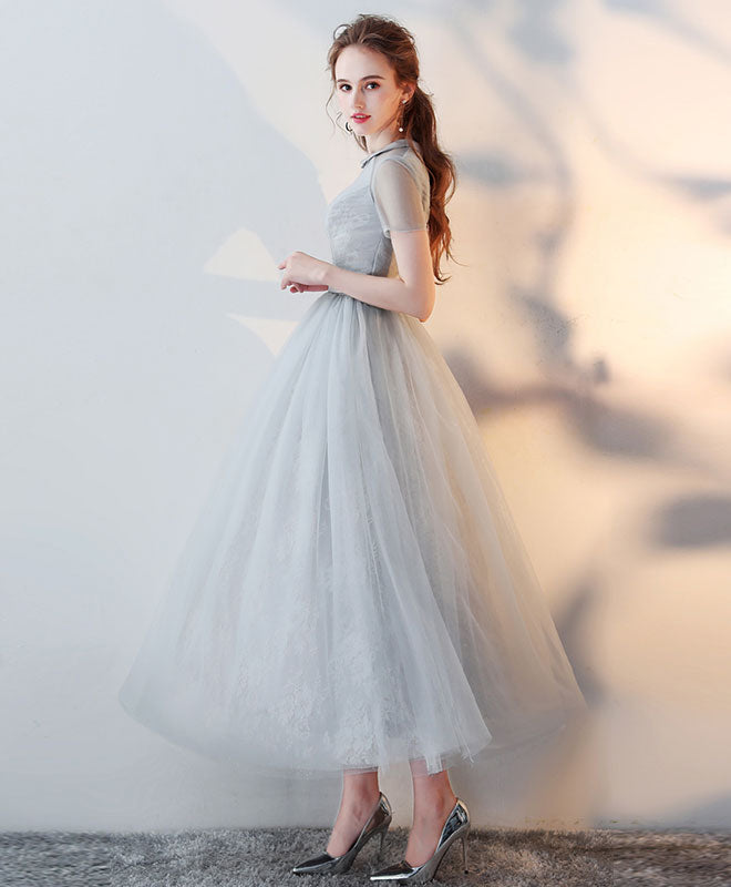 Gray High Neck Tulle Lace Prom Dress Tulle Lace Evening Dress