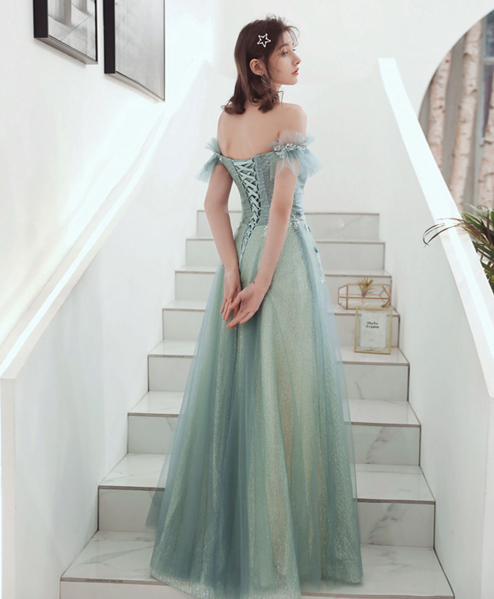 Green Aline Tulle Long Prom Dress, Green Formal Graduation Dress with Applique