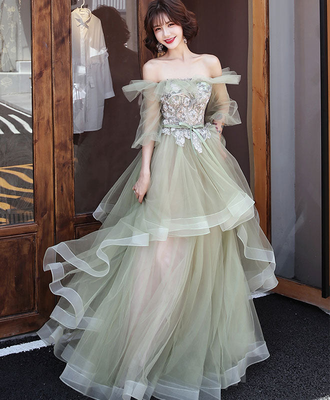 Green Tulle Lace Long Prom Dress, Green Tulle Evening Dress