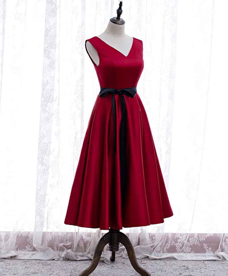 Simple V Neck Satin Burgundy Short Prom Dress, Burgundy Bridesmaid Dress US 6 / Burgundy Simple V Neck Satin Burgundy Short Prom Dress, Burgundy Bridesmaid Dress US 6 / Burgundy