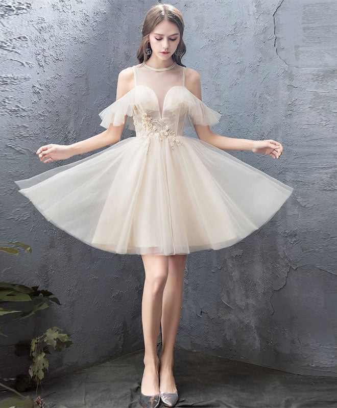 Cute Round Neck Tulle Champagne Short Prom Dress, Homecoming Dress – shopluu