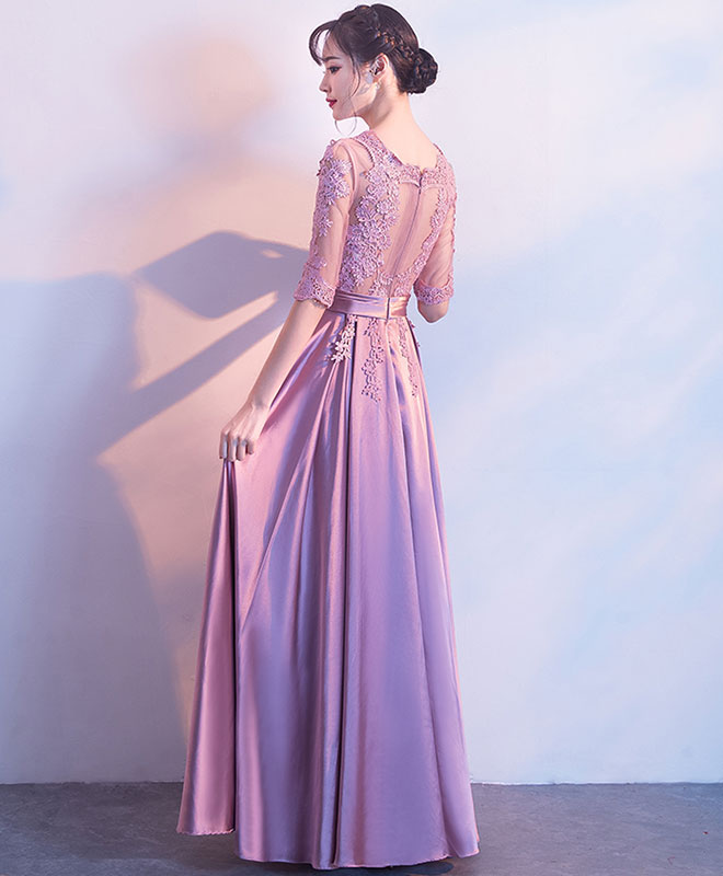 Pink A-Line Lace Long Prom Dress Pink Lace Bridesmaid Dress