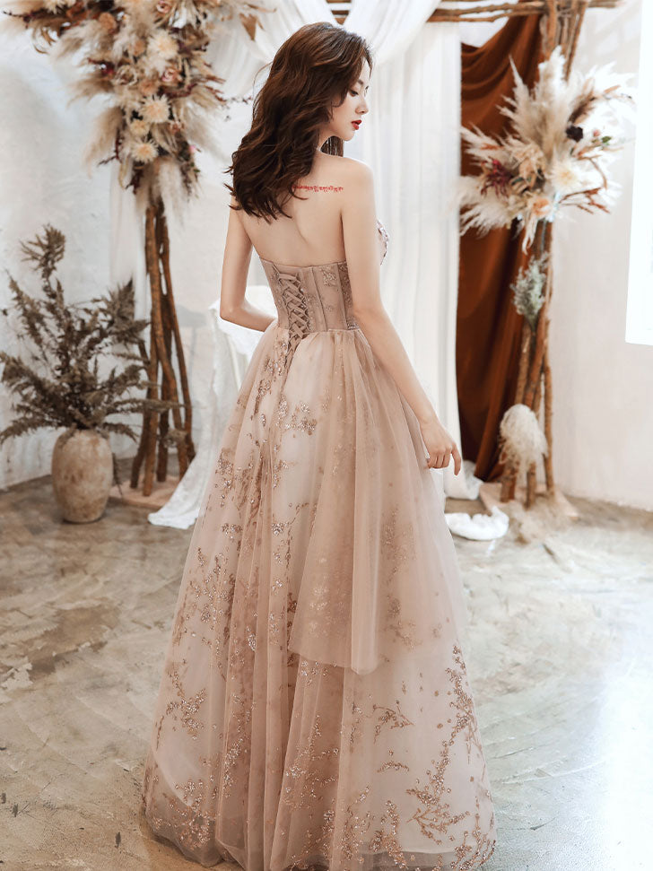 A-line Champagne Tulle Lace Long Prom Dress Lace Evening Dress Custom Size / Champagne A-line Champagne Tulle Lace Long Prom Dress Lace Evening Dress Custom Size / Champagne