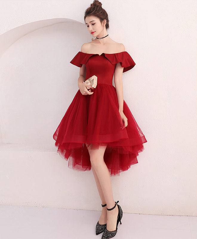 Cute Burgundy Tulle Off Shoulder Short Prom Dress, Burgundy Homecoming Dress