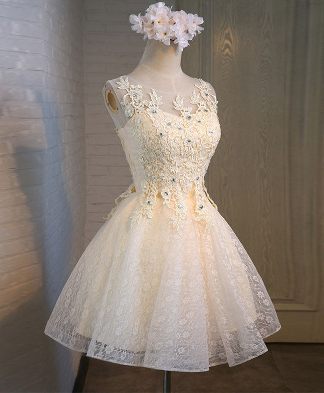 champagne lace bridesmaid dresses short A Line Short Champagne Prom Dress with White Lace, Short Lace Formal H jbydress