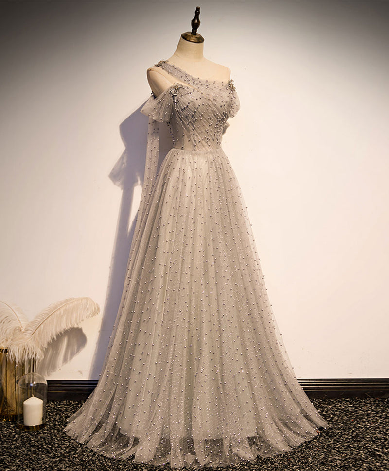 Gray Tulle One Shoulder Long Prom Dress, Gray Formal Graduation Dresses with Beading US 14 / Gray Gray Tulle One Shoulder Long Prom Dress, Gray Formal Graduation Dresses with Beading US 14 / Gray
