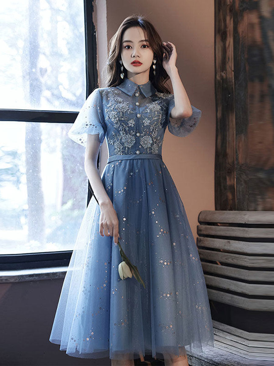 Blue Tulle Lace Short Prom Dress, Blue Tulle Puffy Homecoming Dress