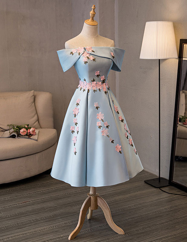 Blue Satin Off The Shoulder Prom Dresses, A-Line Homecoming Dresses US 6 / Blue Blue Satin Off The Shoulder Prom Dresses, A-Line Homecoming Dresses US 6 / Blue